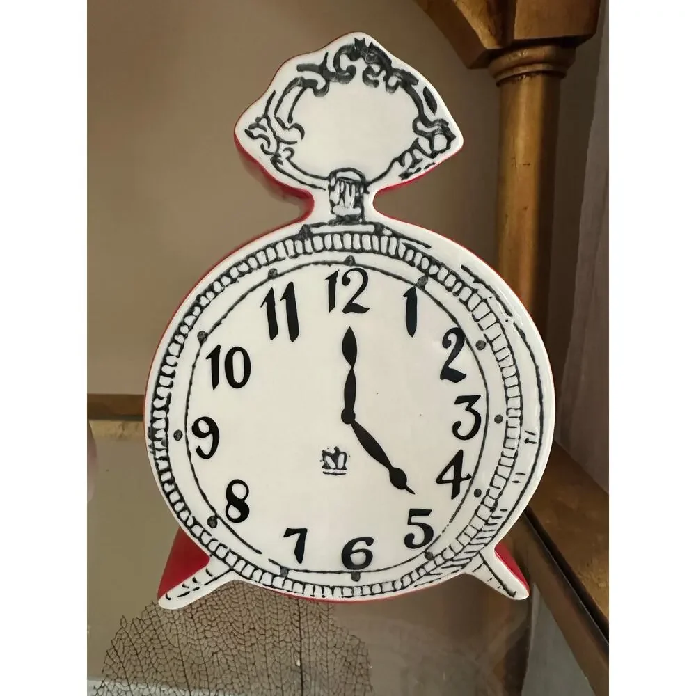 Anthropologie Tick Tock Clock MOLLY HATCH Red Ceramic, White Face